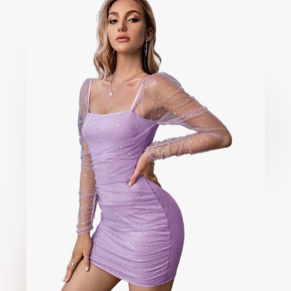 NWOT- Lilac Purple Rhinestone Mesh Bodycon Dress Size L